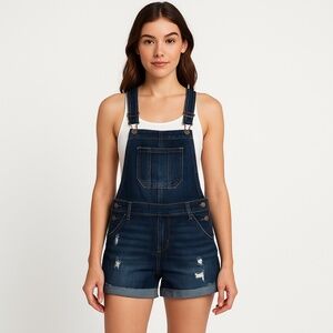JORDACHE VINTAGE Denim Shortalls Distressed Cuffed Dark Wash Size M